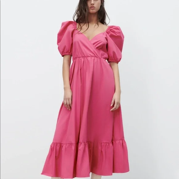 ZARA | NWT FUCHSIA PUFF SLEEVES MIDI DRESS BLOGGERS FAVORITE - Picture 9 of 10